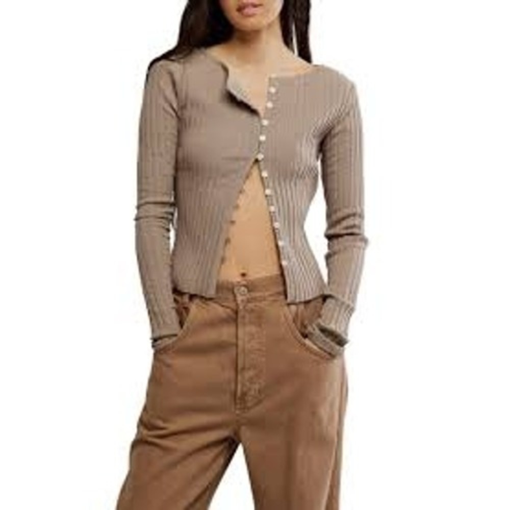 Free People Tilly Ribbed Long Sleeve Button Down Top Taupe Brown Small NWT